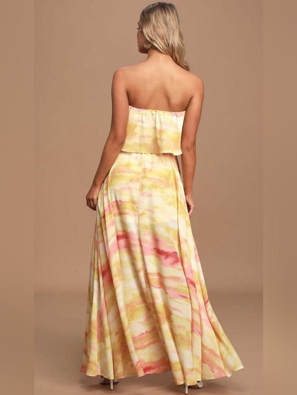 Lulu's Full Of Sunshine Strapless Watercolor Maxi Dress in Yellow & Pink Size M - Picture 3 of 14